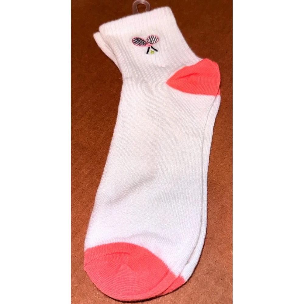 Hello Socks Ankle Socks Women OS 4-10 NEW Tennis Racket Embroidered White Coral
